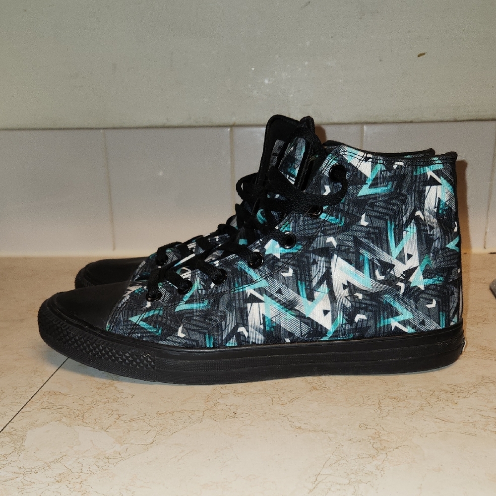 Raad Abstract Print Chuck Taylor Style High Top Shoes Blue, Grey, Black & White